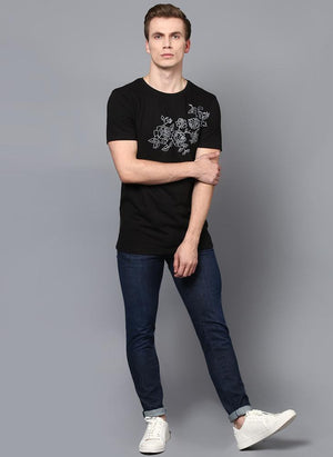 Black Crew Neck T-Shirt with Front Floral Print
