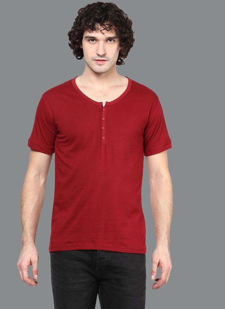 Maroon Basic V-Neck Henley Collar T-Shirt