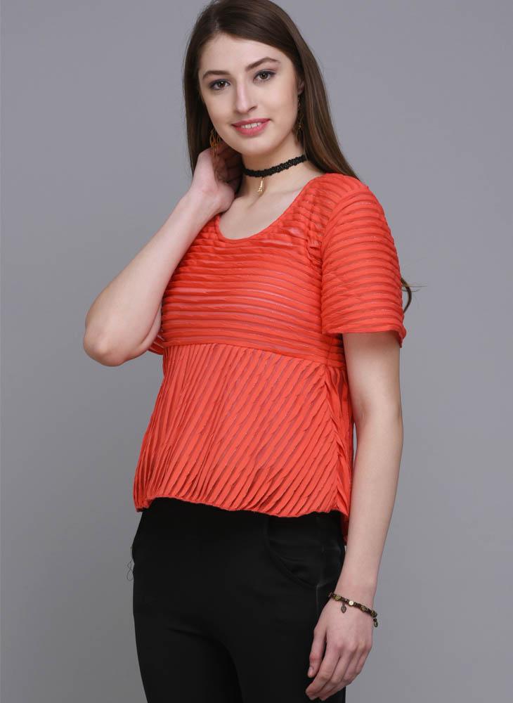 Coral Pleated Fit& Flare Blouse