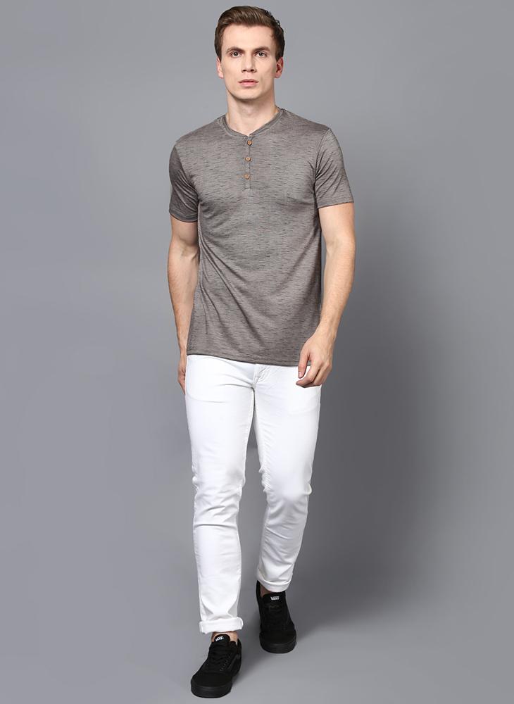 Dashed Grey Half Sleeve Henley Collar T-Shirt