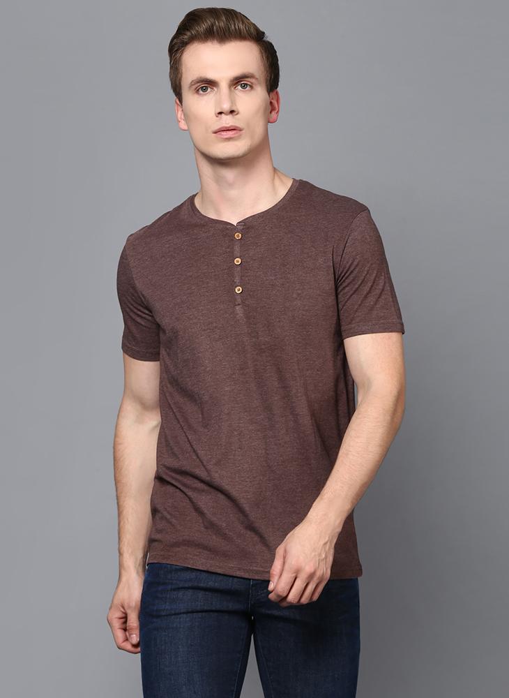 Brown Half Sleeve Henley Collar T-Shirt
