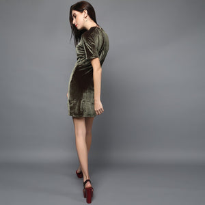 Olive Green Velvet Dress with Midriff cut out & Stitch Detail