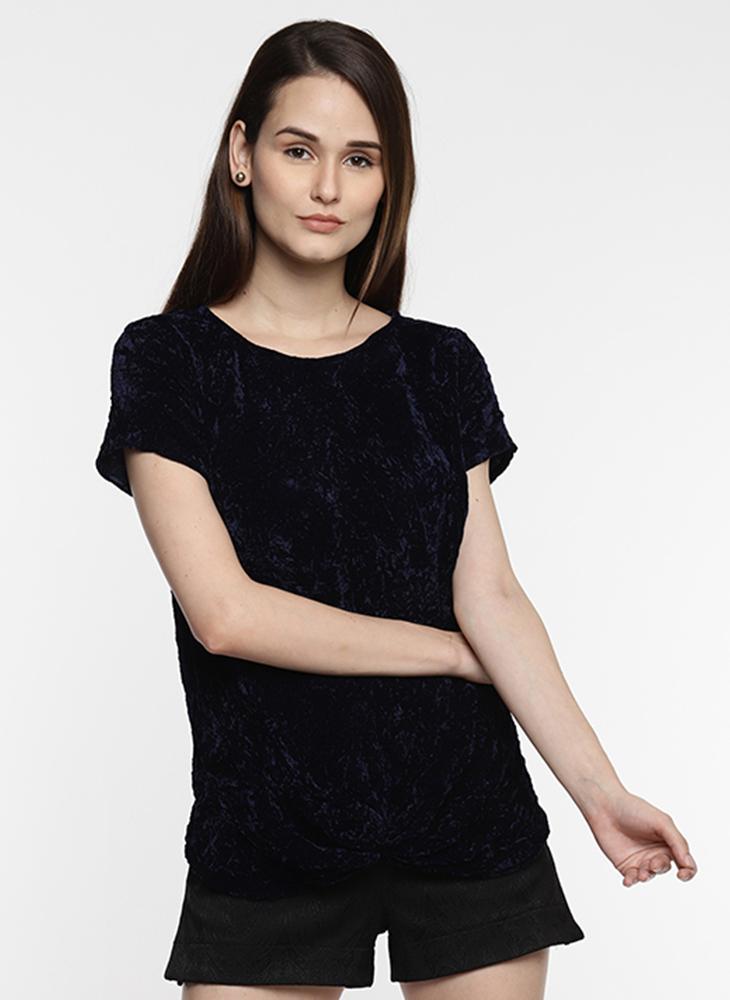 Navy Velvet Top with Front Knot