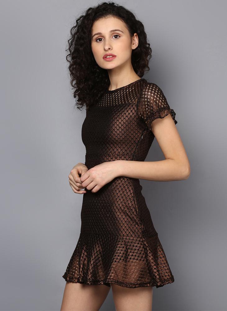 Bronze Mesh Dress with Frill Detail