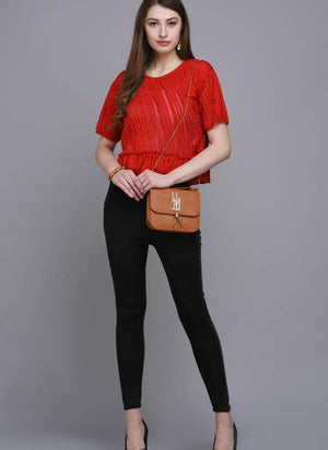 Red Shimmer Crop Top with Ruffle hem