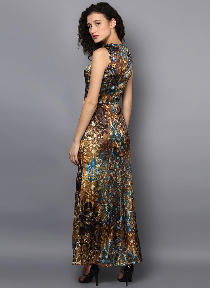 Satin Printed Full Length Dress with Front Slit