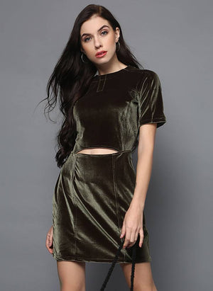 Olive Green Velvet Dress with Midriff cut out & Stitch Detail