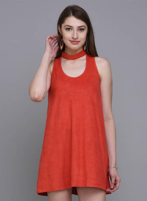 Red Suede A-line Dress with Choker Neckline