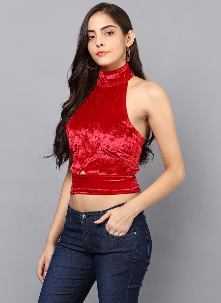 Bright Red Halter Neck Top with Cut-Out Detail